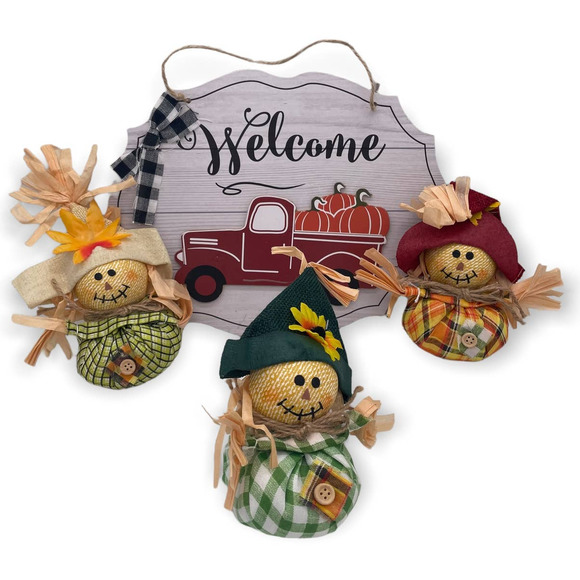 Fall Decor - Welcome Wall Hanging & Three (3) Scarecrows - Picture 1 of 5